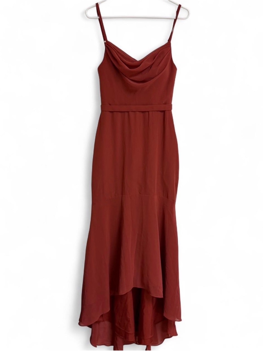 Azazie Rust Red Cowl-Neck High-Low Slip Dress